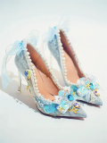 Hexagram -Tea Party Bride Wedding Homecoming Prom Party Bling Pointed Toe High Heels Pearl Chain Lolita Shoes