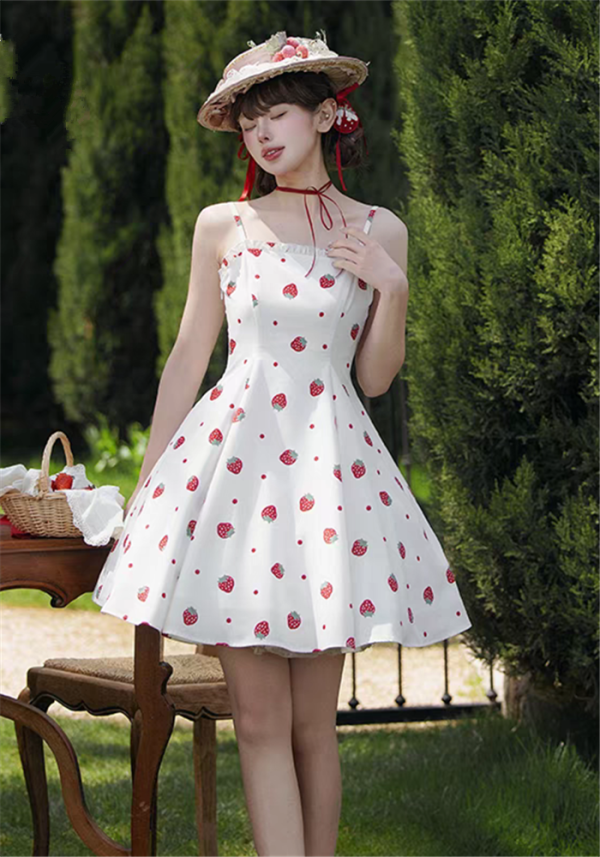 Sweet Starwberry Detachable Shoulder Strap Dress Casual Lolita JSK