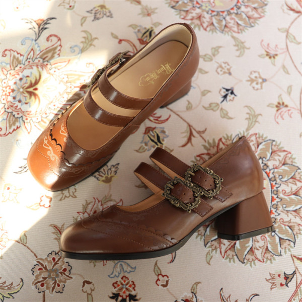 Classic Vintage Buckle Leather Mary Jane Chunky Heels Lolita Shoes