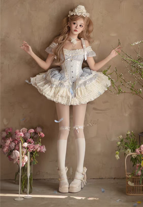 Yuki- Elegant Sweet Ballet Style Classic Lolita Corset Salopettes, Blouse and Pearl Rosettle Set