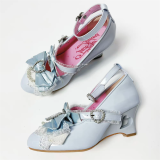 Transfer Student - The Showa Oath -  Round Toe Buckle Belt Glossy PU Wedge Heel Lolita Shoes