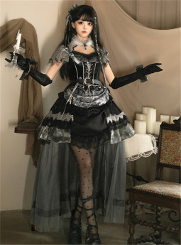 Yingluofu - Nighttime Rose - Elegant Gothic Lolita OP Dress, Tailing, Corset and Accessories Set