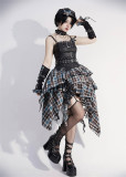 Tan Tuan - Audio Track - Gray-Blue Plaid Irregular Punk Lolita JSK and Accessories