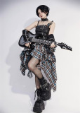 Tan Tuan - Audio Track - Gray-Blue Plaid Irregular Punk Lolita JSK and Accessories