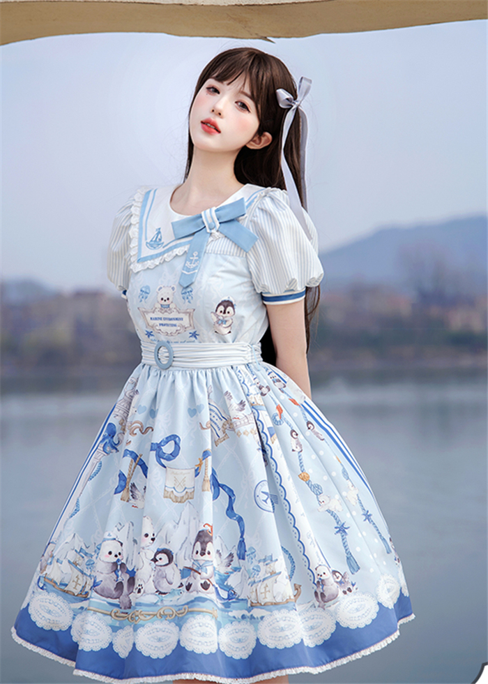 US$ 48.99 - Inmorelli - Penguin Navy - High-waist Sweet Lolita OP