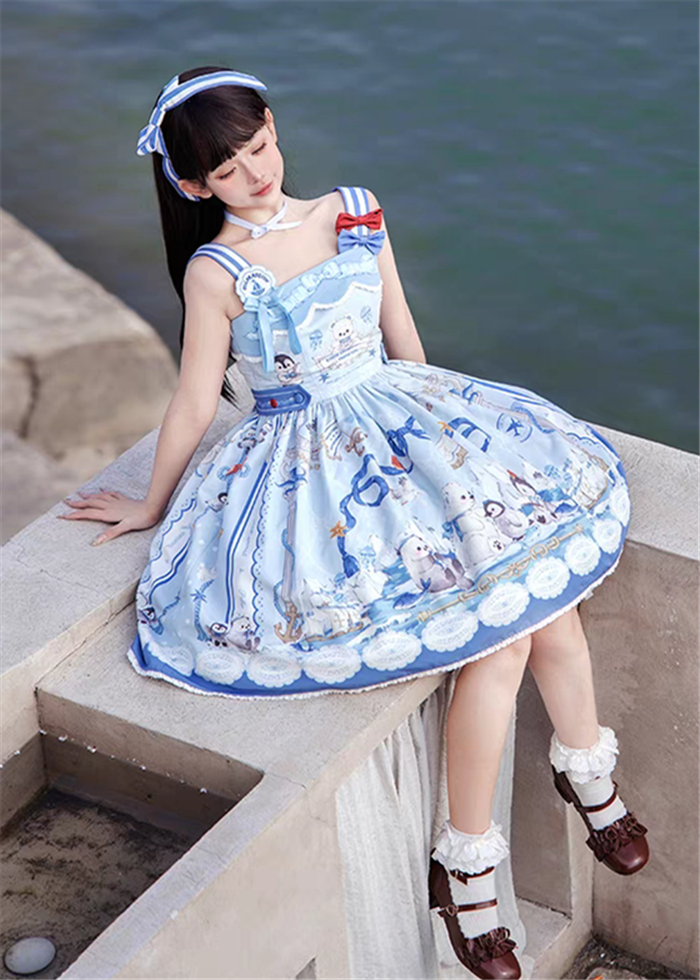 US$ 48.99 - Inmorelli - Penguin Navy - High-waist Sweet Lolita OP