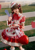 Trojan Casket  - Strawberry Cream - Kawaii Strawberry Sweet Lolita OP Dress, Overskirt and Hat