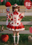 Trojan Casket  - Strawberry Cream - Kawaii Strawberry Sweet Lolita OP Dress, Overskirt and Hat