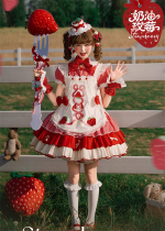 Trojan Casket  - Strawberry Cream - Kawaii Strawberry Sweet Lolita OP Dress, Overskirt and Hat
