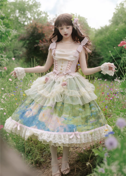 Sakura Lolita - Monet's Garden - Vintage Oil Painting Style Classic Lolita Skirt, Corset Topwear, Overskirt and A Bow Tailing (Version I)