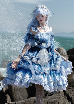 Yingluofu - Azure Breath - Elegant Classic Lolita JSK, Arm Sleeves and Necklace