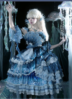 Yingluofu - Azure Breath - Elegant Classic Lolita JSK, Arm Sleeves and Necklace