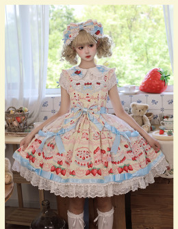 Little Twin Bears - Strawberry Dessert Chef - Medieval Style Doll Embroidery Sweet Lolita JSK