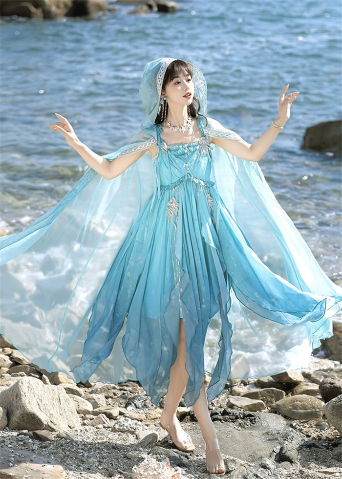 Sea Spirit Series Blue Beaded Chain Sequin Embroidery Irregular Hem Hanfu Element Chinese Exotic Style Sweet Lolita Long Cape Suspender Dress Set Blue