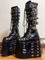 Y2K Street Punk Japanese Harajuku Super High Heel Platform Round Toe Skeleton Patent Leather Gothic Punk Lolita Boots