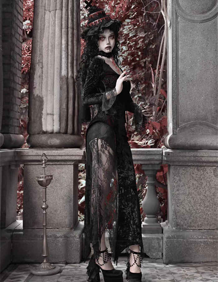 [Blood Supply] Scarlet Romance Gothic Velvet Long-Sleeve Mermaid Dress Dress (without choker) / Size S