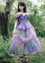 Cyan Lolita - Monet's Water Lilies - Oil Painting Style Elegant Classic Lolita Corset Topwear and Skirt Set