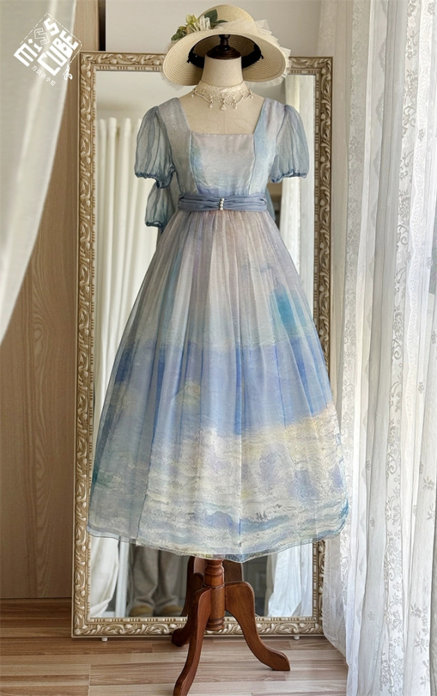 Miss Cube- Oil Painting Collection - Elegant Empire Style High Waist Casual Classic Lolita Op Dress with Waistband (S/OP Dress (Dark Green))