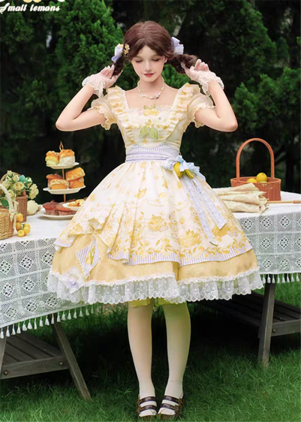 Yingluofu - Small Lemons - Casual Sweet Lolita OP Dress Full Set