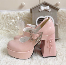 Floating Dream Realm - Elegant Butterfly Rose Buckle Chunky Square Toes High Heels Classic Lolita Shoes