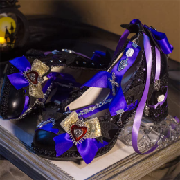 Mirror - Halloween Gothic Bat Wing Pointed Chunky Heels Silk Ribbon Cross Lolita Shoes