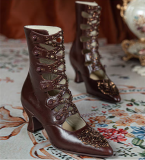 JUST ABOUT COMFORT - Retro Vintage Classic Pearl Embroidery Pointed Toe Wine Glass Heels Button Cut-out Lolita Short Boots