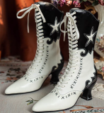 JUST ABOUT COMFORT - Retro Vintage Classic Victoria Star Pointed Toe Wine Glass Heels Chunky Leather Lolita Short Boots