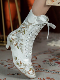 JUST ABOUT COMFORT - Retro Vintage Classic Embroidery Bow Pointed Toe Wine Glass Heels Chunky Leather Lolita Short Boots