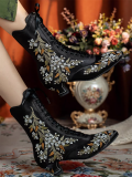 JUST ABOUT COMFORT - Retro Vintage Classic Embroidery Bow Pointed Toe Wine Glass Heels Chunky Leather Lolita Short Boots