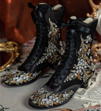 JUST ABOUT COMFORT - Retro Vintage Classic Embroidery Bow Pointed Toe Wine Glass Heels Chunky Leather Lolita Short Boots