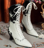 JUST ABOUT COMFORT - Retro Vintage Classic Victoria Star Pointed Toe Wine Glass Heels Chunky Leather Lolita Short Boots