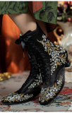 JUST ABOUT COMFORT - Retro Vintage Classic Embroidery Bow Pointed Toe Wine Glass Heels Chunky Leather Lolita Short Boots
