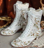 JUST ABOUT COMFORT - Retro Vintage Classic Embroidery Bow Pointed Toe Wine Glass Heels Chunky Leather Lolita Short Boots