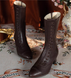 JUST ABOUT COMFORT - Retro Vintage Classic Edward Button Pointed Toe Wine Glass Heels Calf Length Chunky Leather Lolita Boots