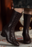JUST ABOUT COMFORT - Retro Vintage Classic Edward Button Pointed Toe Wine Glass Heels Calf Length Chunky Leather Lolita Boots