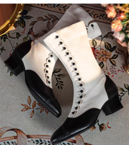 JUST ABOUT COMFORT - Retro Vintage Classic Edward Button Pointed Toe Wine Glass Heels Calf Length Chunky Leather Lolita Boots