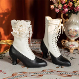 JUST ABOUT COMFORT - Retro Vintage Classic Victoria Pointed Toe Wine Glass Heels Chunky Leather Lolita Short Boots