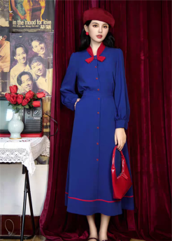 Xiaoqingrui - Deep Blue Flow - Retro Blue Casual Classic Lolita Blouse and Skirt Set