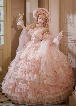 Cat Fairy - A Princess On The Lam - Gorgeous Tea Party Princess Wedding Pink Rococo Lolita JSK with Arm Sleeves (Plus Long Version)