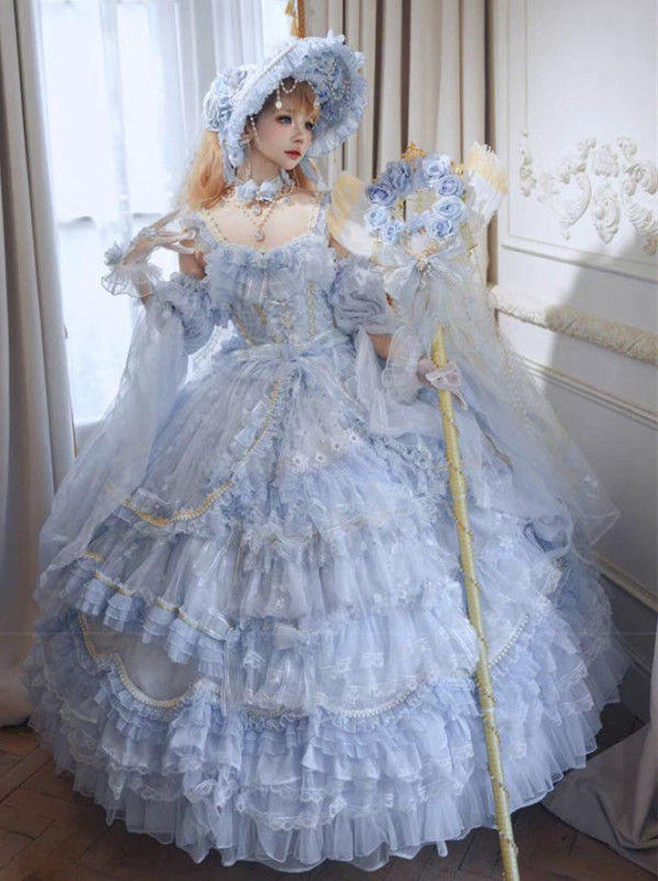 Cat Fairy - A Princess On The Lam - Gorgeous Tea Party Princess Wedding Rococo Sky Blue Lolita JSK with Arm Sleeves