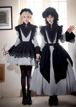 Withpuji - Night Melody - Nun Gothic Lolita OP Dress, Apron, Necklace and Bow Brooch