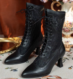 Just About Comfort - Elegant Retro Victorian England Lace Leather Pointed Toe Classic Lolita Short Boots