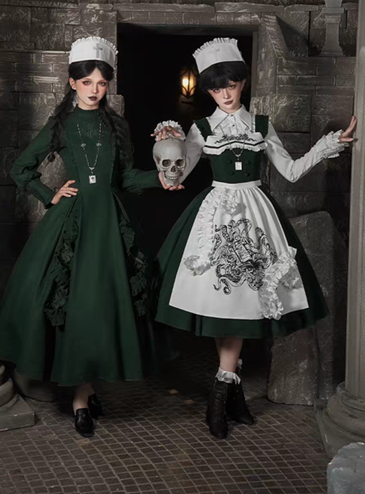 Withpuji - The Abyss Clinic - Embroidery Gothic Lolita OP Dress Set and JSK Dress Set