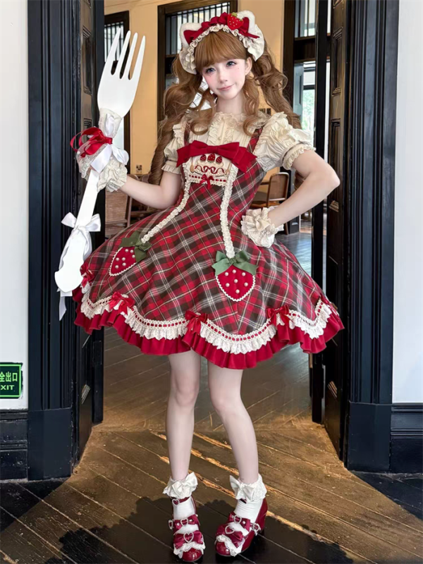 Yingji - Berry Box - Plaid Strawberry Sweet Lolita JSK and Headband