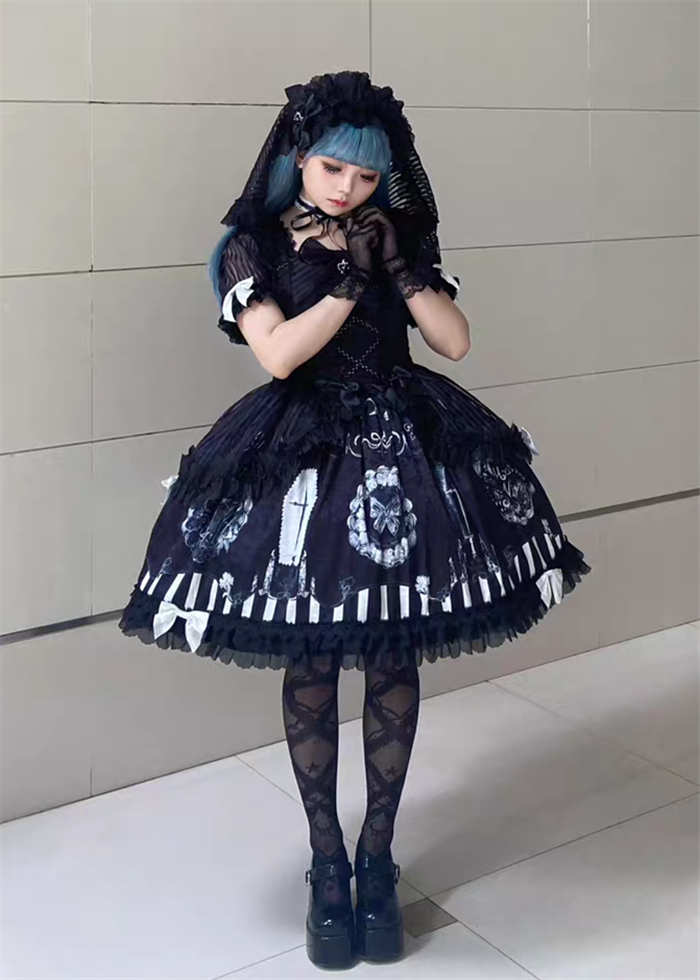Leaf Ladybird - Ghosty Mini Cake - Gothic Lolita OP Dress and Headband with Veil (L/headband with Veil (white))