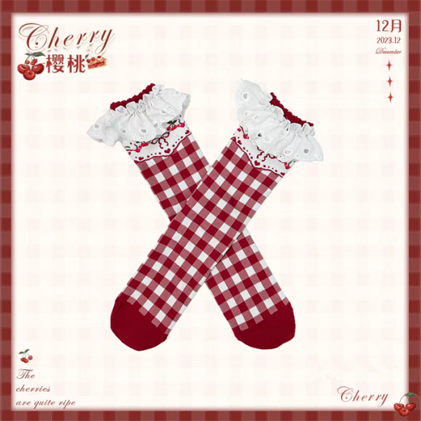 Flowers and Pearl Box - Cherry - Cute Sweet Lolita Cotton Stockings