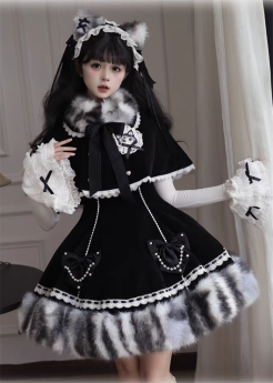 SheerOcean - Fluffy Cat - Wool Velvet Sweet Lolita JSK, Knitwear Blouse, Short Cape Coat with Fur Collar and Accessories