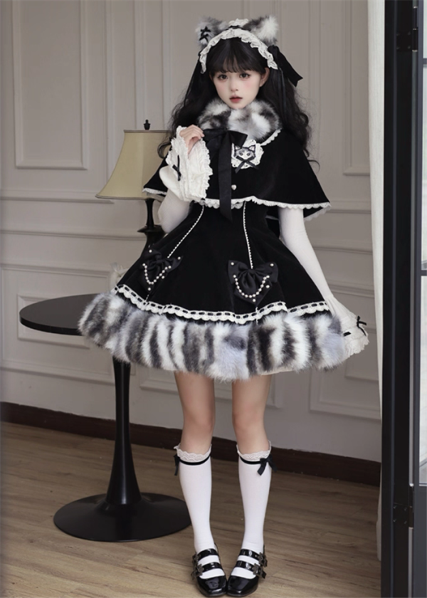 SheerOcean - Fluffy Cat - Wool Velvet Sweet Lolita JSK, Knitwear Blouse, Short Cape Coat with Fur Collar and Accessories