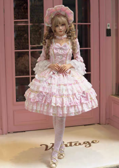 Hanguliang - Candlestick Elegance - Sweet Rococo Tea Party Princess Lolita OP Dress and Bonnet Set