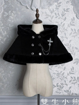 Twins Bear - The Misty Feast - Gothic Lolita Short Hooded Wool Cape with Cross Brooch